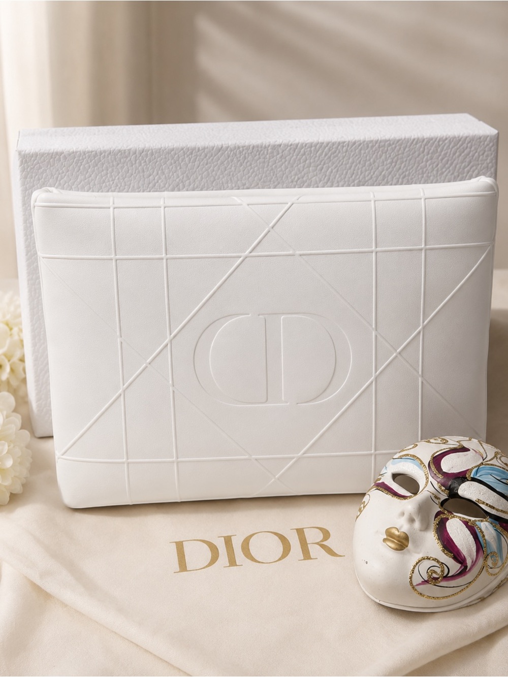 Dior White Quilted Cosmetic Pouch Or Clutch NWOT Box 7.85” x 11.5 W
